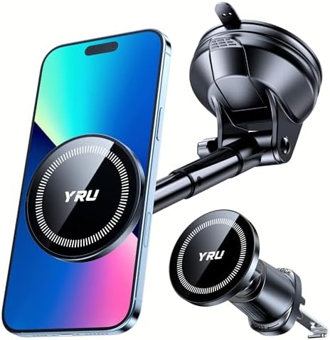 YRU 2025 Magnetic Phone Holder for Car – Superior Patented Magnet Technology for Seamless Dashboard or Windshield Mounting | Mag Safe Compatible | Sleek Black Design Perfect for i Phone 12-16 Pro Max & Samsung | Effortless Installation for Hands-Free Navigation & Calls | Built to Last for Everyday Use