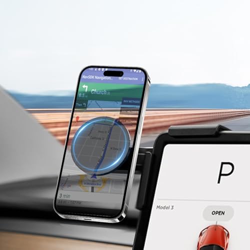 15 W Wireless Fast Charging Magnetic Phone Mount for Tesla Model Y & Model 3 – Ultimate Holder for i Phone 12-16 & Android Devices, Includes 5 ft USB-C Cable, Perfect for Safe Navigation and Hands-Free Use – Modern Tesla Accessory