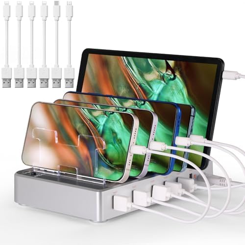 GARUET 6-Port USB Charging Station – Fast Multi-Device Charger Hub with 6 Mixed Cables for i Phones, i Pads, and More – Sleek Design, Enhanced Compatibility, and Intelligent Safety Features for Efficient Power Management