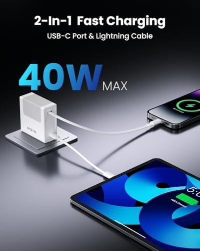 Revolutionary 40 W Fast Charging Portable USB Phone Charger Block with Retractable 31.5-inch Lightning Cable – Compact Wall Adapter with USB-C Port and Foldable Plug for i Phone 14/13/12, Perfect for Travel and Everyday Use