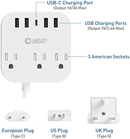 Universal Travel Power Strip with European Plug Adapter – Unidapt US to UK Adapter for EU/UK/US with 4 USB Ports Including USB-C, 3 AC Outlets, Wall Mountable Design, 5 ft Extension Cord for Home, Cruise, and Travel (Black) – Enhanced Device Compatibility and Fast Charging Solutions