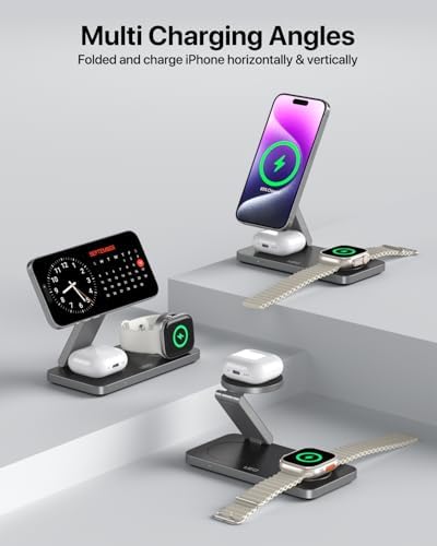 Ultimate 3-in-1 Magnetic Wireless Charging Station for Apple Devices – Fast Mag-Safe Charger Stand for i Phone 16/15/14/13/12, Apple Watch Ultra/SE/10/9/8/7/6/5/4, and Air Pods Pro/4/3/2 (Black & Gray) – Unmatched Compatibility and Speed with Intelligent Safety Features Experience the pinnacle of charging convenience with our sleek, foldable 3-in-1 wireless charging station, engineered to power your i Phone, Apple Watch, and Air Pods simultaneously. Enjoy rapid 15 W charging with seamless Mag Safe alignment, specifically tailored for the latest i Phone models. Designed for versatility, this charger is also Qi-compatible, ensuring it works flawlessly with all your wireless devices. Safety is paramount; our multi-intelligent protection system safeguards against over-voltage, over-current, and overheating, extending your device’s battery lifespan. The adjustable and compact design makes it an ideal travel companion, allowing you to find your perfect viewing angle while saving space. Included are a 20 W USB-C PD charger and a 3 ft USB-C cable, ensuring you have everything for optimal performance. Elevate your charging experience today!