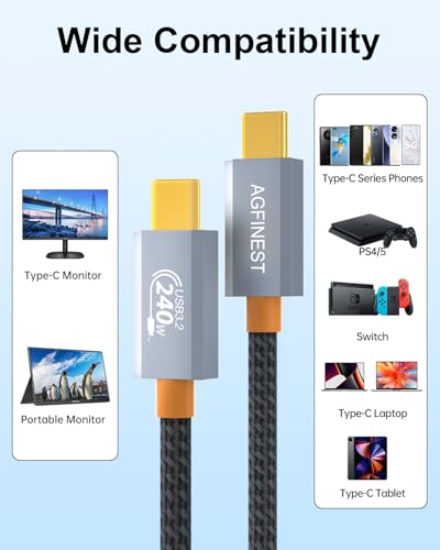 AGFINEST 240 W USB C to USB C Cable – Ultra-Fast 20 Gbps Data Transfer, 4 K@60 Hz Video Support, PD 3.1 48 V Fast Charging, 6.6 FT Length for Enhanced Device Compatibility and Performance
