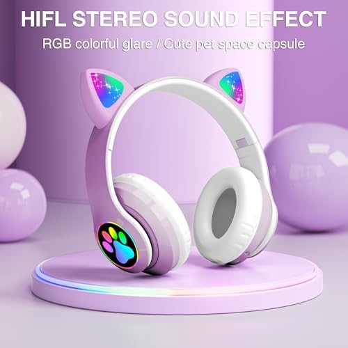 Playful Cat Ear Bluetooth Headphones for Kids – Foldable Over-Ear Design with LED Lights, Safe Listening Volume Control, Built-in Microphone, and Multi-Device Connectivity – Ideal for Music, Movies, and Gaming on i Phones, i Pads, Smartphones, and More!