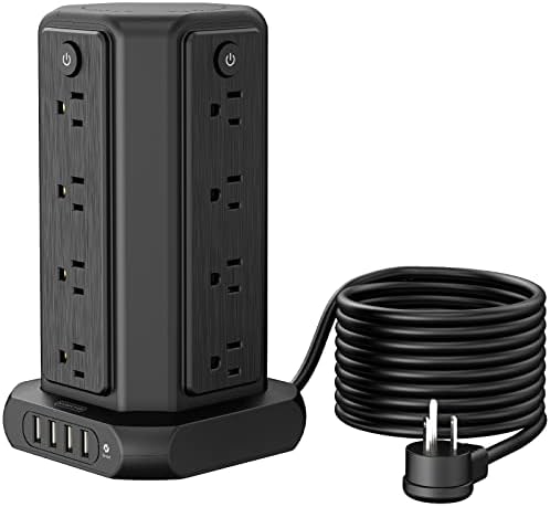 10 ft NTONPOWER Power Strip Tower with 8 Outlets & 5 USB Ports – Premium Surge Protector with Individual Switches, 1080 Joules Protection, 13 A Circuit Breaker – Ideal for Home Office & Entertainment Setup, Sleek Black Design for Ultimate Convenience