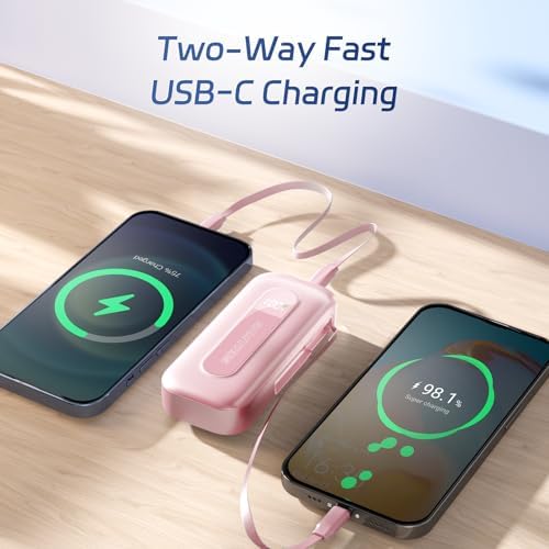 Compact 10,000 m Ah Power Bank with Retractable USB-C Cable – 30 W Fast Charging Portable Charger for i Phone 15/16, Galaxy, and i Pad – Smart LED Display for Travel Convenience and Enhanced Compatibility