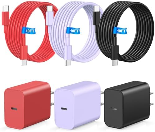 i Phone 16 Fast Charging Essentials Set: 3-Pack 10 FT USB-C Cables & 100 W Charger Block for i Phone 15/16 Pro/Max/Plus, i Pad Air/Pro & Samsung Devices – Stylish Purple, Black, and Red Design for Enhanced Compatibility and Speed