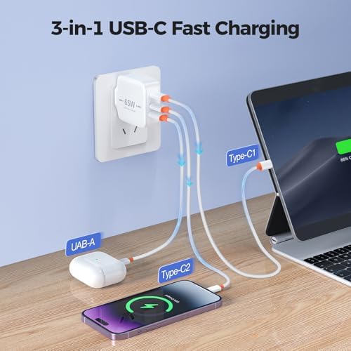 TRYTHINK 65 W Ga N USB-C Power Charger – Ultra-Portable 3-Port Wall Adapter for Fast Charging i Phone 15, Mac Book, and Android Devices – Advanced Technology for Efficient, Travel-Friendly Power Solutions – Perfect for Professionals and Students on the Move
