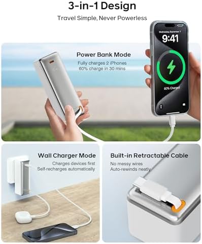 Revolutionary 3-in-1 Travel Charger for i Phone 16/15 | 10,000 m Ah Power Bank with Foldable Wall Plug and Retractable USB-C Cable | 30 W PD Fast Charging Capability, LED Power Indicator, TSA-Approved for Hassle-Free Business Trips | Unmatched Versatility and Quick Charge Solutions