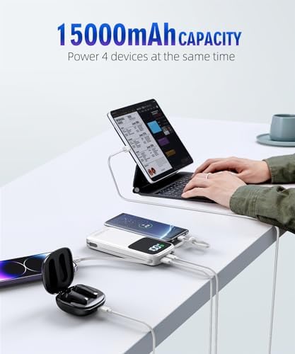 Ultimate 15,000 m Ah Portable Power Bank with Integrated AC Plug and Dual Output Cables – PD 30 W Fast Charging for i Phone, i Pad, and All Devices – Lightweight, Compact Design with LED Battery Indicator for On-the-Go Charging Solutions
