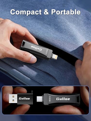 Gulloe 512 GB Flash Drive for i Phone, i Pad, Android & PC – Effortless Plug and Play USB Memory Stick with No App Needed, Sleek Metal Silver Design for Fast Photo and Video Backup, Perfect Storage Expansion Solution