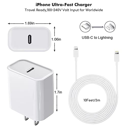 Rapid Charge i Phone Power Duo: 20 W PD USB-C Wall Adapter & 10 FT Lightning Cable Pair for i Phone 14/13/12/11/XS/XR/X/SE2022 – Ultimate Charging Flexibility and Speed for All Apple Devices
