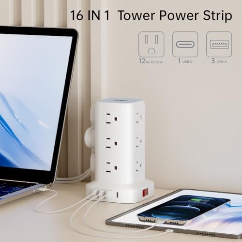 Revolutionize Your Workspace with the Ultra-Thin Surge Protector Power Strip Tower – 10 FT Flat Plug Extension Cord and 1 USB-C Port for Fast Charging, 1020 Joules of Device Protection, Perfect Desk Charging Station for Office and Dorm Room Essentials
