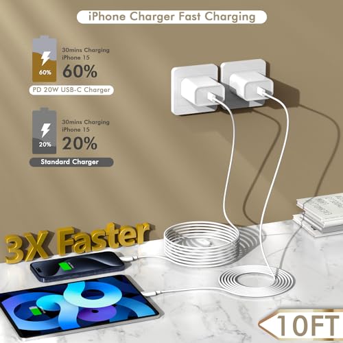 Ultra-Fast 20 W i Phone 16/15 Charger Bundle – 2-Pack 10 FT Extra Long USB-C Cables & Compact Wall Adapter for Enhanced Charging Convenience with i Pad Compatibility – Durable, High-Performance Charging Solution for Home & Office Use