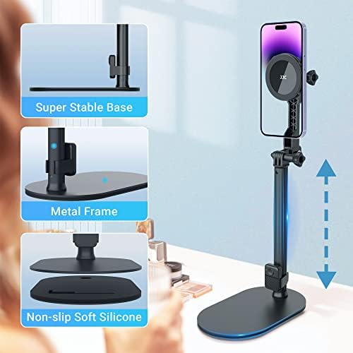 JJC Strong Magnetic Phone Desk Stand Compatible with MagSafe for iPhone 16, 15, 14, 13, 12 Pro Max Plus, MagSafe Case & All Smartphones, Height & Angle Adjustable iPhone Stand with Remote Control – Enhanced Compatibility and Speed