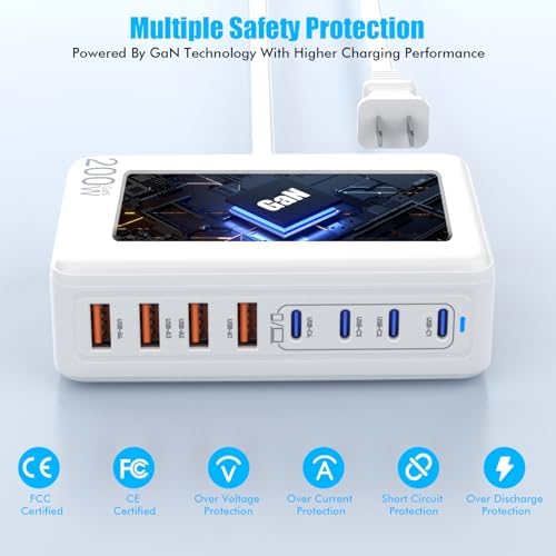 200 W Ga N 8-Port USB C Charging Station – High-Speed Multi-Device Power Hub for i Phone 16/15/14, Mac Book Pro/Air, & More – Ultimate Compact Charger with Enhanced Safety Features for Home, Office, or Travel Use