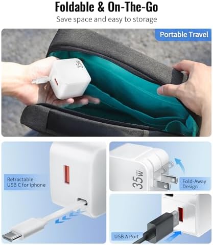 Rapid Charge 35 W Retractable Wall Charger with Built-In Cables – Cutting-Edge Gallium Nitride Technology for Swift Power Delivery to i Phone 14/13/12/11 Pro MAX/XR/XS/8/7 & i Pad – Compact & Travel-Friendly Design for Seamless Charging at Home, Office, or On-the-Go – Tangle-Free Convenience