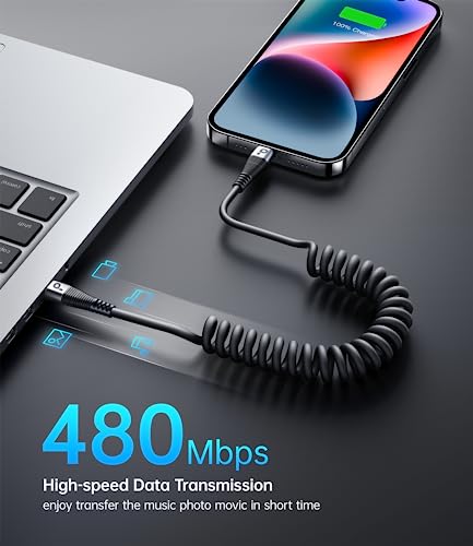 Premium Coiled Lightning Charger Cable for Car – 2-Pack with 3 FT & 5 FT Lengths, MFi Certified Retractable Cord for i Phone 14/13/12/11 Pro Max/XS MAX/XR/XS/8, i Pad & i Pod – Fast Charging & Enhanced Compatibility for Effortless Power on the Road