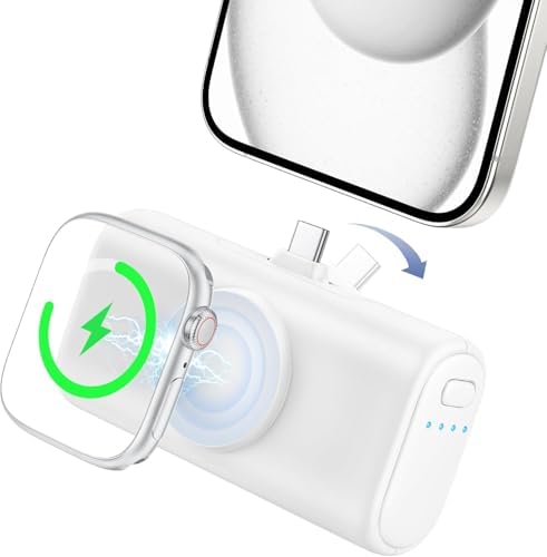RORRY Mini Portable Charger for i Phone 15/16 – Ultra-Compact 5000 m Ah Power Bank with Foldable USB-C Connector for Fast 15 W Charging, Ideal for i Phone 15/16 Plus/Pro/Pro Max and Apple Watch, Sleek White Design for On-the-Go Convenience