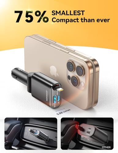 Ultra-Compact 72 W Retractable Car Charger – PD 45 W Fast Charging for i Phone 15/16, Samsung S25/S24 & Pixel – Space-Saving USB C Adapter for Convenient On-the-Go Power Solutions