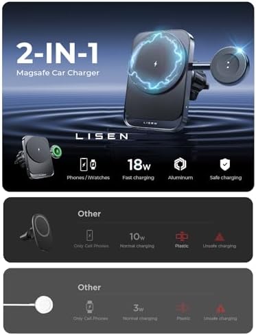LISEN 2-in-1 Mag Safe Car Mount Charger: Fast Wireless Charging & Magnetic Holder for i Phone 12-16 & Apple Watch – Ultimate Convenience for On-the-Go Power Solutions Enhance your driving experience with the LISEN 2-in-1 Mag Safe Car Mount Charger, engineered for efficiency and style. This innovative accessory integrates a powerful 18 W wireless charger with a secure magnetic phone holder, perfect for keeping your i Phone (models 12-16, including Pro Max and Plus) and Apple Watch charged simultaneously. The robust magnetic grip ensures your devices stay stable even on bumpy roads, providing a hands-free navigation experience. Designed to fit seamlessly into most car air vents, this sleek charger not only simplifies your charging routine but also keeps your dashboard clutter-free. Built from high-quality materials, the LISEN car mount is both durable and easy to maintain, making it an essential addition to your car accessories. Elevate your on-the-go lifestyle with this fast, reliable charging solution that combines functionality and modern aesthetics.