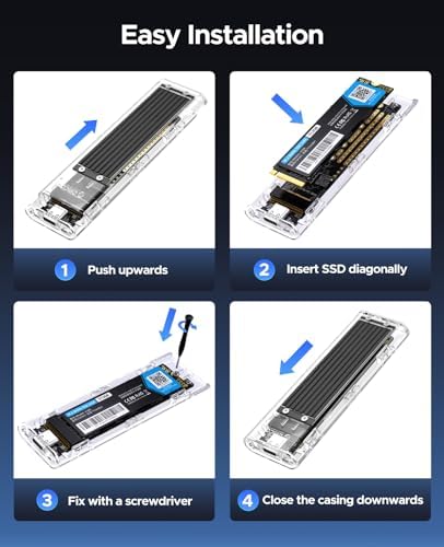 ORICO Transparent M.2 NVMe SSD Enclosure – Ultra-Fast USB 3.2 Gen 2 Adapter for PCI-E M-Key SSDs (2280/2260/2242/2230) – Lightweight and Durable External Solid State Drive Case with Tool-Free Setup and USB Type-C Support for Seamless Data Transfer