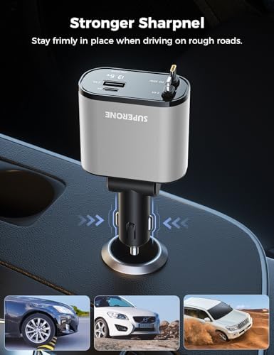 Introducing the SUPERONE 4-in-1 Retractable Fast Car Charger: Ultimate On-the-Go Charging Solution for i Phone, Galaxy & Pixel Devices – Featuring 2.6 ft Tangle-Free Cord, Enhanced USB C & Apple Compatibility, and Sleek Design for Effortless Portability. Experience lightning-fast charging to keep your devices powered during road trips or daily commutes, ensuring you’re always connected. This innovative retractable charger is engineered for maximum efficiency, accommodating a wide range of smartphones including i Phone 16, 15/15 Pro Max, 14, 13, 12, 11 and popular Galaxy and Pixel models. With its compact construction and high-quality materials, this charger not only enhances your charging experience but also withstands everyday wear and tear. Elevate your mobile charging with the SUPERONE car charger – where convenience meets cutting-edge technology for busy professionals and families on the move.