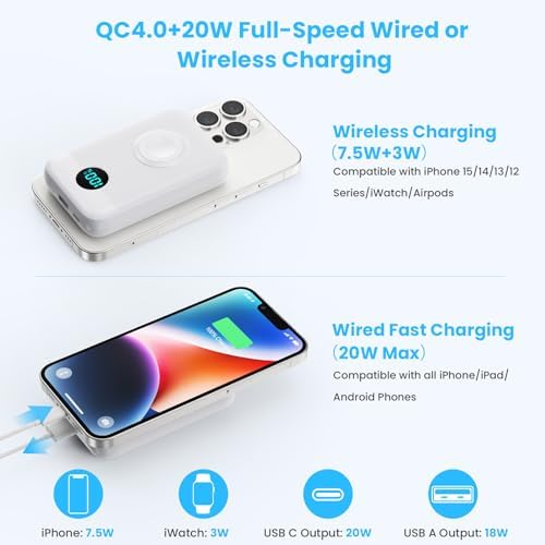 Revolutionary 4-in-1 Magnetic Portable Charger 10800 m Ah – Rapid USB-C Power Bank with LCD Display, Fast Charging for i Phone 16/15/14/13/12 & Apple Watch – Sleek White Design for Ultimate Compatibility and On-the-Go Convenience