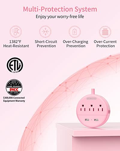 Stylish 25 ft Rose Pink Extension Cord by NTONPOWER – Flat Plug Power Strip with 3 AC Outlets & 2 USB Ports, Versatile Wall Mount Charging Station for Home, Dorm, or Office – ETL Certified for Enhanced Safety and Performance