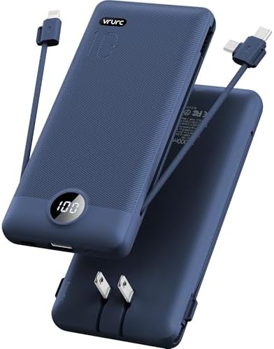 VRURC 10000 m Ah Portable Charger with Built-in Cables & AC Plug – Lightweight USB-C Power Bank for Effortless Device Charging on the Go – Stylish Green External Battery for Smartphones and Tablets – Ultimate Travel Companion for Uninterrupted Connectivity and Enhanced Compatibility