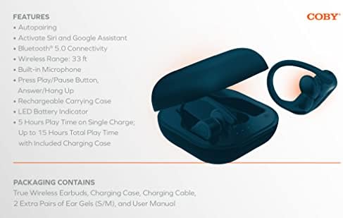 Coby True Wireless Sport Earbuds with 15-Hour Playback and Charging Case – Effortless Auto Bluetooth 5.3 Pairing, Siri & Google Assistant Compatibility, Ideal for Gym & Running – Stylish Blue Design for Active Lifestyles – Unmatched Sound Quality and Freedom of Movement