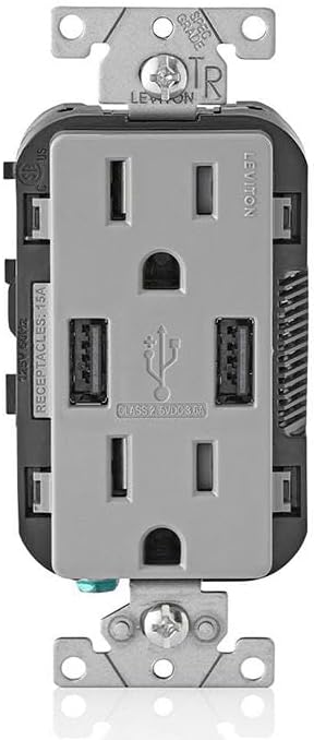 Leviton Dual USB In-Wall Charger with 15 Amp Power Outlet – Modern Gray Design for Seamless Charging in Homes & Offices, Fast Charge Your Devices with Stylish, Tamper-Resistant Safety Features for Ultimate Convenience and Reliability