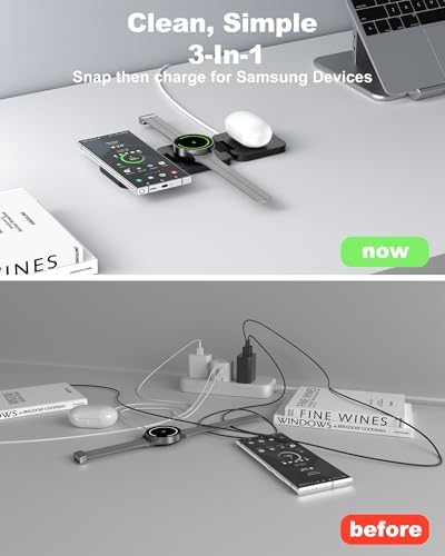 Portable 3-in-1 Wireless Charging Station for Samsung Devices – Foldable and Fast-Charging Travel Stand for Galaxy S24 Ultra, S23, S22, Note 20, Z Fold/Flip 6/5, Galaxy Watch Ultra 7/6/5 & Galaxy Buds – Sleek Gray Design for Maximum Compatibility and Efficiency