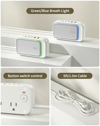 Effortless Power: 65 W USB Charging Station with Surge Protection – 5 FT Flat Extension Cord for Travel, Home, Office & School – Multi-Device Charging Hub for Fast, Safe Energy Delivery – Lightweight & Compact Design for Ultimate Portability