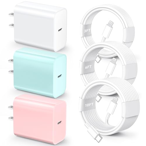 MFi Certified 20 W Fast Charger Bundle for i Phone 14, 13, 12, 11 – 3 Pack USB-C Charger Blocks with 3 FT, 6 FT, & 10 FT Lightning Cables – Ultimate Compatibility & Rapid Charging Solution for i Phone Models Including Pro, Pro Max, Xs, Xr – Portable & Durable Design for Home, Office, & Travel