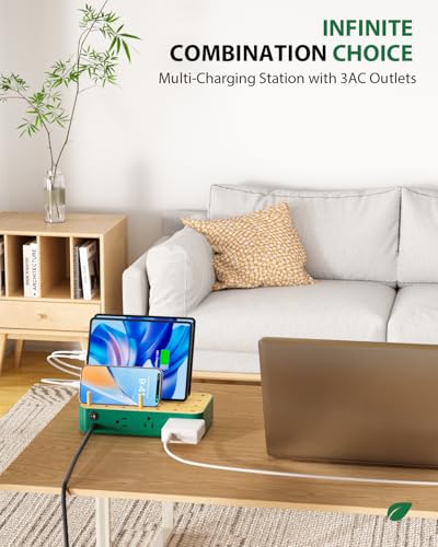 Eco-Friendly Bamboo USB-C Charging Hub – 60 W 6-Port Multi-Device Dock with 3 AC Outlets, 3 USB-C, 3 USB-A Ports, 6 Mixed Cables Included, 6.6 ft Power Cord for i Phones, i Pads & Tablets – Fast, Efficient Charging Solution with Elegant Design