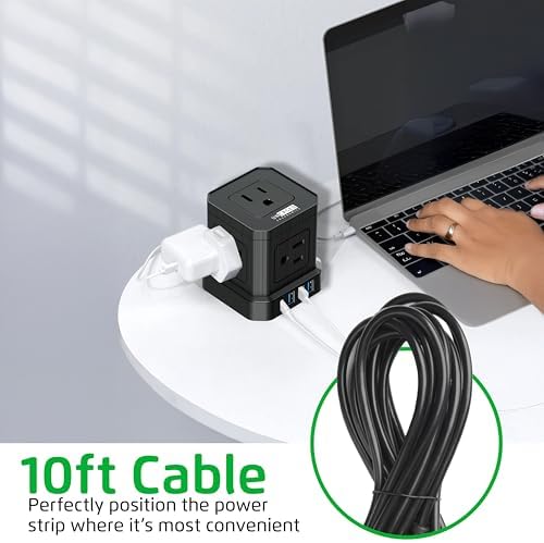Uncaged Ergonomics Cube Power Strip with 10 ft Extension Cord – Surge Protected Charging Station Featuring 5 AC Outlets, 3 USB Charging Ports (1 USB-C Fast Charger) and On/Off Switch for Ultimate Convenience and Safety