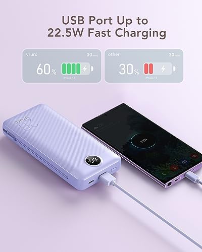 VRURC 20000 m Ah Pink Portable Charger – Fast Charging Power Bank with Built-in Wall Plug & Cables, LED Display, 4 Outputs & Dual Inputs for Effortless Travel Charging Solutions, Ideal for Busy Lifestyles and Enhanced Device Compatibility