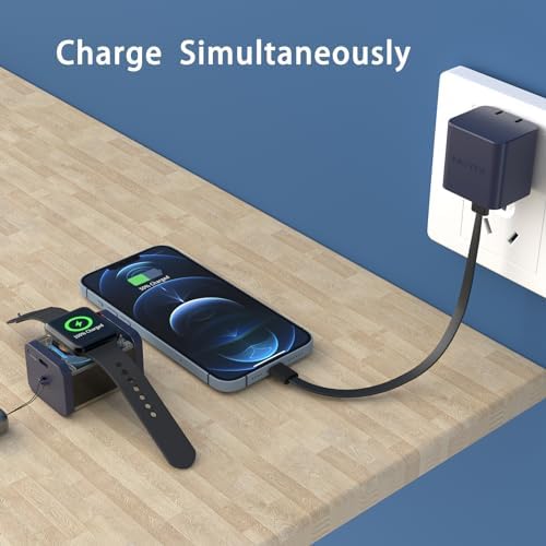 Versatile 5200 m Ah Portable Charger for Smart Watches – 4-in-1 Magnetic Wireless Power Bank with PD 20 W Ga N Fast Charging and Built-in USB-C to Lightning Cable – Ideal Travel Accessory for Smart Devices and On-the-Go Charging