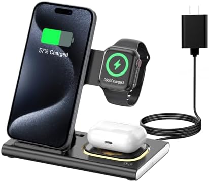 Ultra-Convenient 3-in-1 Foldable Wireless Charging Dock for Apple Devices – Rapid Power-Up Station for i Phone 16/15/14/13/12/11/X/XS, Apple Watch Series 10/9/8/7/Ultra2/Ultra/SE, and Air Pods Pro/2/3/4 – Lightweight Travel Charger with Integrated LED Light for Enhanced Portability and Efficiency