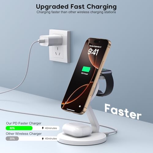 3-in-1 Wireless Magnetic Charging Station for i Phone, Apple Watch, and Air Pods – Fast 15 W Foldable Dock with Strong Magnetic Hold, Compact Design for Travel, Compatible with i Phone 16/15/14/13/12 Series, Apple Watch Ultra/SE/Series 2-10, and Air Pods Pro – Rapid Charge Your Devices to 50% in Just 30 Minutes, Includes 20 W PD Adapter and USB-C Cable – Reliable Safety Features for Peace of Mind