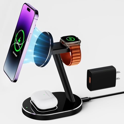 Revolutionize Your Charging Routine with the Magnetic Mag-Safe 3-in-1 Docking Station for i Phone 15, 14 Plus, 13, 12 Pro Max & Mini – Fast Wireless Charger for Apple Watch Ultra 2, 9, 8, 7, 6, 5, 4, 3 SE, and Air Pods Pro 2 – Durable Aluminum Alloy Design for Enhanced Stability and Style, Perfect for Home or Office Use