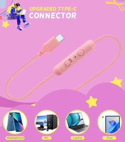 Kid-Friendly USB Type C Headphones with LED Lights – Safe Volume Limiter (85 d B/94 d B) for School Use, Foldable On-Ear Design for Comfort and Portability, Integrated Microphone for Learning and Gaming Fun – Perfect for i Pad and More