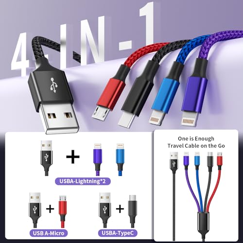 Versatile 4-in-1 Nylon Braided Charging Cable – 2 Pack, 5 FT Length, Fast Charging Universal USB Cable for Lightning, USB-C, and Micro USB Devices, Optimized for High-Speed Connectivity and Enhanced Durability, Ideal for Phones, Tablets, and More