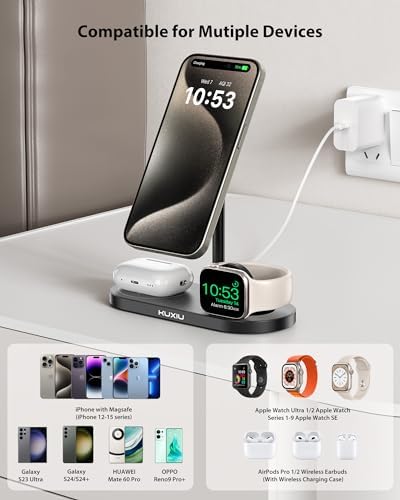 Sleek Aluminum Alloy 3-in-1 Magnetic Wireless Charging Station for Apple Devices – Fast 5 W Charger for i Phone 16/15/14/13/12, Apple Watch 9/8/7/SE & Air Pods – Ideal Travel Accessory for Clutter-Free Charging Solutions