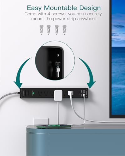 Ultimate Surge Protector Power Strip – Versatile 6-Outlet Extension Cord with 4 USB Ports (2 USB-C) and Flat Plug Design for Space Saving, Overload Protection, and Wall Mount Capability – 5 ft Length for Home, Office, or Dorm Room Efficiency and Safety