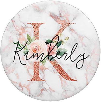 Kimberly Personalized ‘K’ Initial Rose Pink Marble Pop Grip – Custom Floral Phone Holder for Enhanced Device Stability and Style – Versatile Swappable Accessory for Effortless Handling and Chic Aesthetic