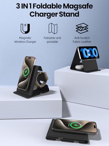 Ultimate 3-in-1 Wireless Charging Station for Apple Devices – Foldable Mag Safe Charger Stand for i Phone 16 Pro Max/15/14, Compatible with Apple Watch & Air Pods – Travel-Friendly Fast Charging Solution with Enhanced Compatibility and Modern Design