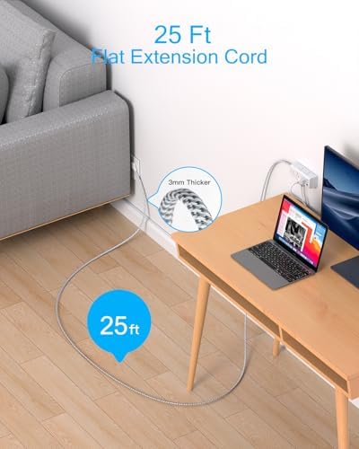 25 Ft Heavy-Duty Extension Cord with Surge Protection – One Beat Flat Plug Power Strip Featuring 6 Outlets & 3 USB Ports (Including USB-C) for Ultimate Device Connectivity in Home, Office, or Dorm Room – Enhanced Flexibility and Rapid Charging Solution