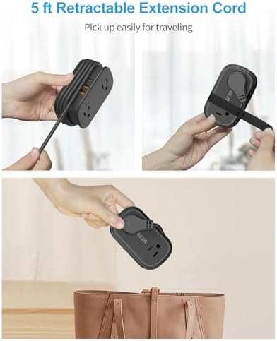 BEVA Portable Travel Power Strip with 5 ft Retractable USB C Cable – Compact Charger for Hotels and Cruises, Featuring 2 AC Outlets & 3 USB Ports for Enhanced Device Compatibility and Fast Charging